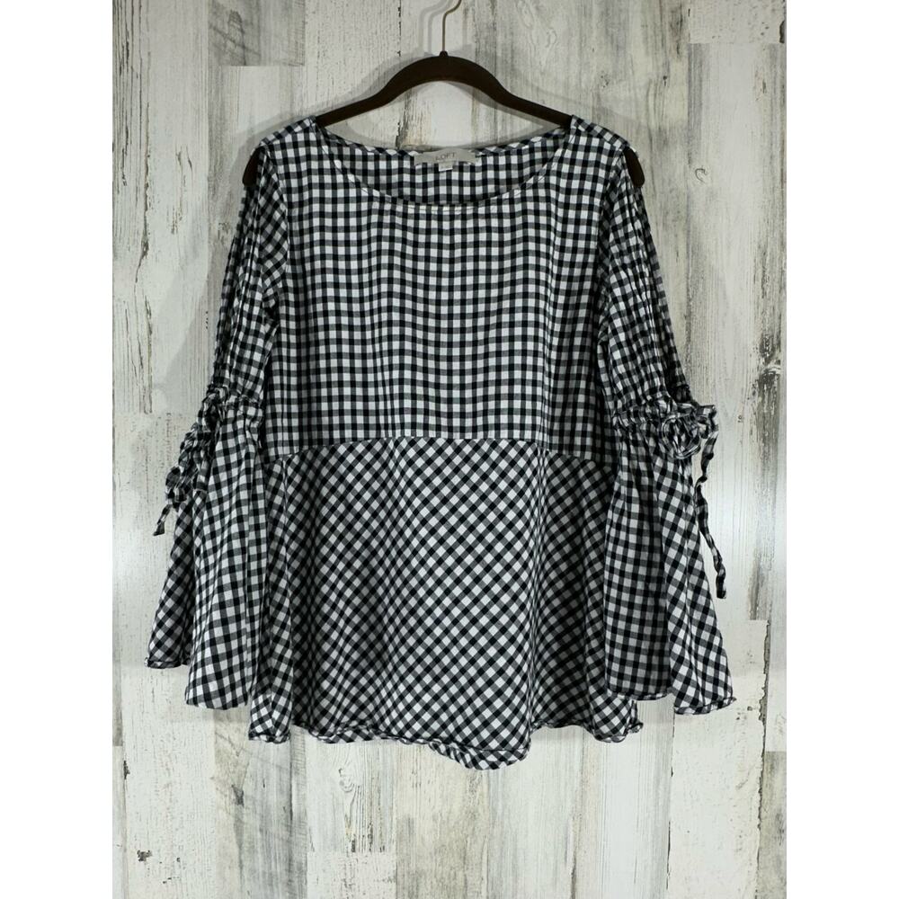 Loft Top Size Small Black White Gingham Check Open Tie Up Bell Sleeves Cotton
